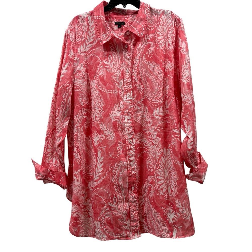 Talbots Coral Pink Paisley Linen Button Up Size 3X - Picture 2 of 9